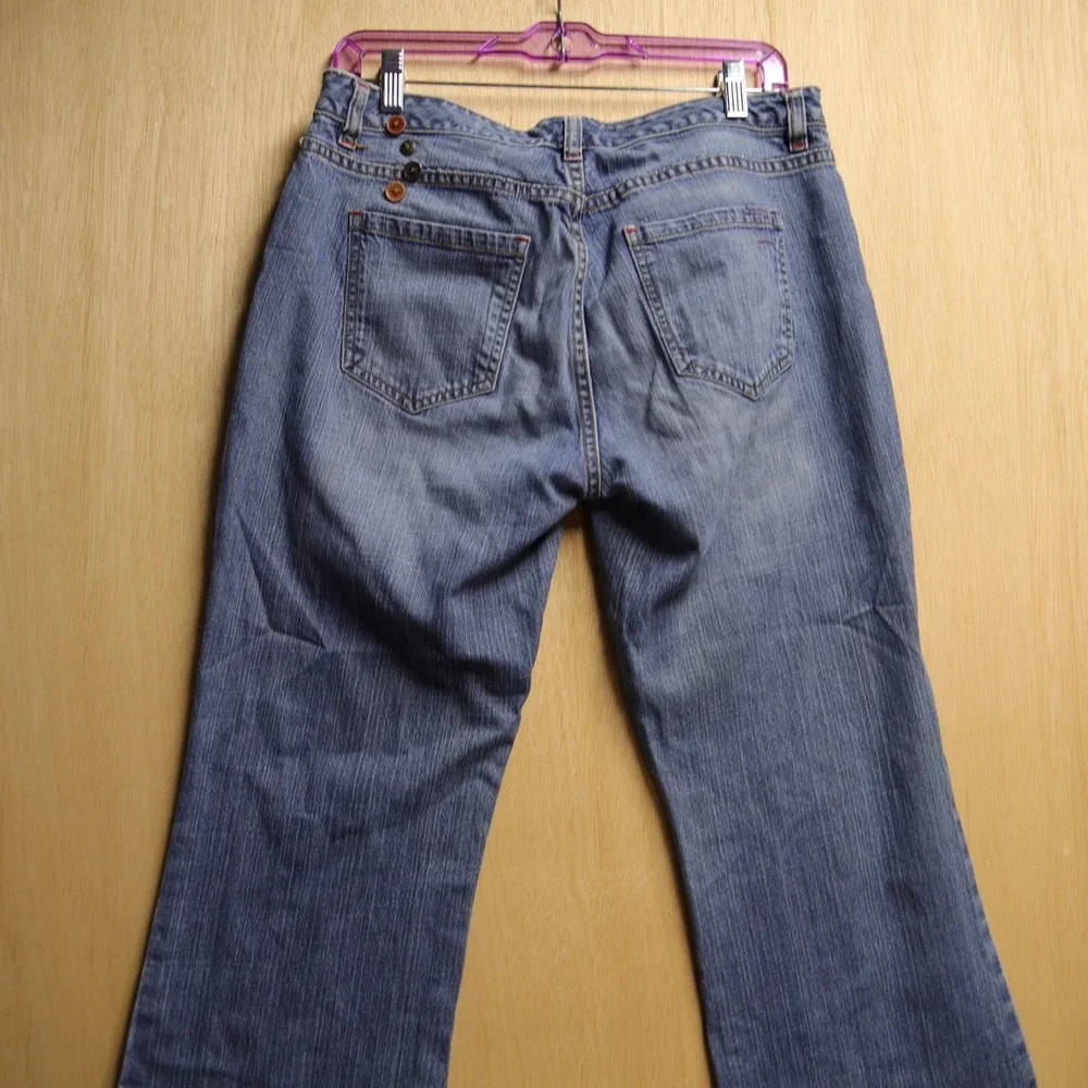 Y2K Embellished Flare Leg Jeans Medium Wash Button Sequin Detail Denim Pants